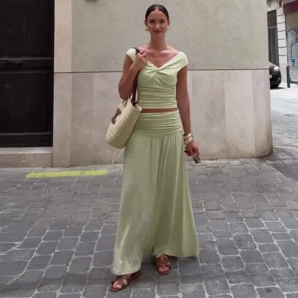 Forever 21 Light Green Pleated Collar Elegant Long Dress Set